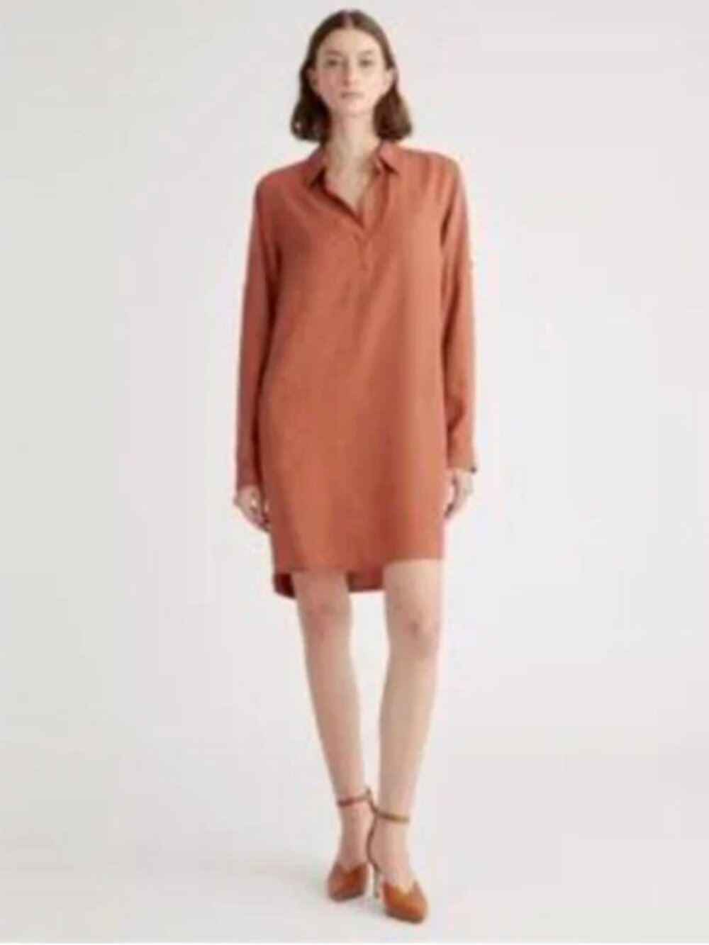 Quince Vintage Wash Tencel Roll Sleeve Tunic Terracotta Dress Small